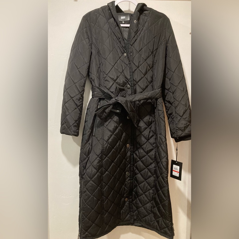 DKNY long quilted puffer jacket with tie waist